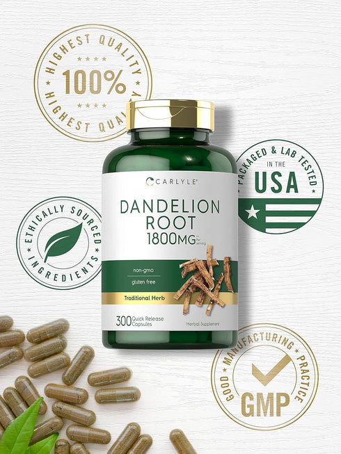 Carlyle Dandelion Root Supplement | 1800mg | 300 Capsules | Non-GMO, Gluten Free