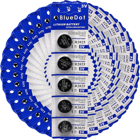 BlueDot Trading CR2025 3Volt Lithium Coin Cell Batteries, Long-lasting Pack of 100 for Watches and Devices