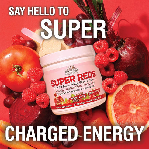 COUNTRY FARMS Super Reds, Energizing Polyphenol Superfood, 48 Super Fruits and Berries, 20 Servings, Mixed Berry Flavor