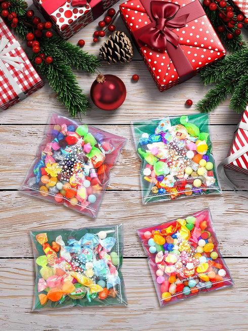 200 Pieces Clear Christmas Treat Bags, Self-adhesive Cellophane Plastic Candy Bags for Party Favors Decoration