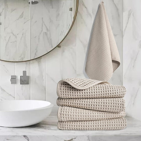 POLYTE Microfiber Lint Free Hand Towel, 4 Pack, 16 x 30 in, Beige Waffle Weave