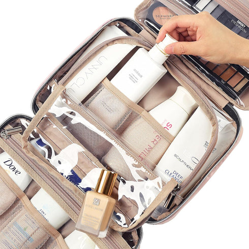 NISHEL Travel Toiletry Bag for Women - Portable Hanging Organizer for Full-Sized Shampoo, Conditioner, Brushes Set,