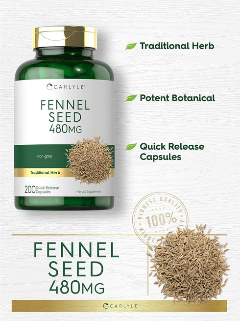 Carlyle Fennel Seed 480mg - 200 Capsules, Non-GMO Herbal Supplement