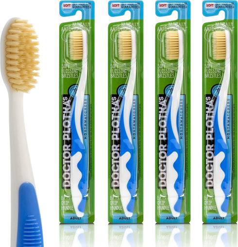 MOUTHWATCHERS Soft Flossing Toothbrushes, Value Pack of 4, Blue, Manual Toothbrush for