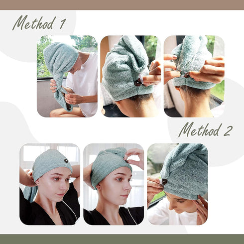 myHomeBody Hair Towel Wrap, Luxury Quick Drying Turban, Ultra Soft Absorbent Charcoal Fiber Cap, Pine Green with
