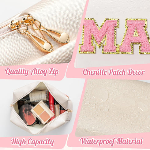 Y1tvei Preppy Patch Extra Large Mama Varsity Letter Makeup Bag, Pink Chenille Letter PU Leather Zipper Organizer