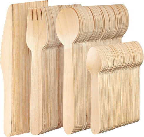 MATANA 200 Pack Natural Disposable Wooden Cutlery Set, 50 Forks, 50 Knives, 50 Spoons, Biodegradable Bamboo