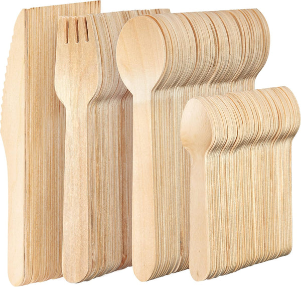 MATANA 200 Pack Natural Disposable Wooden Cutlery Set, 50 Forks, 50 Knives, 50 Spoons, Biodegradable Bamboo