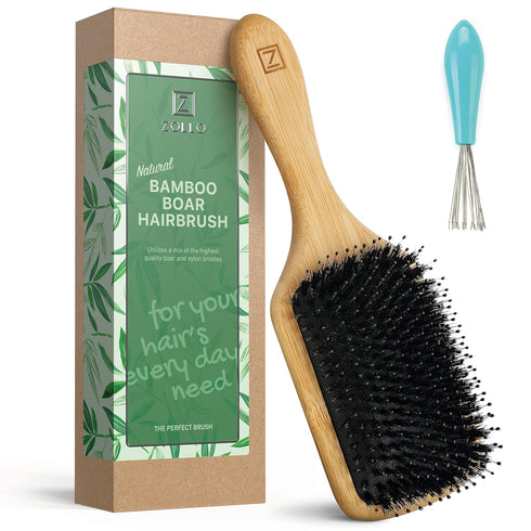 Natural Boar Bristle Hair Brush for Women, Men, Kids; Detangling Paddle Brush for Fine and Curly Hair