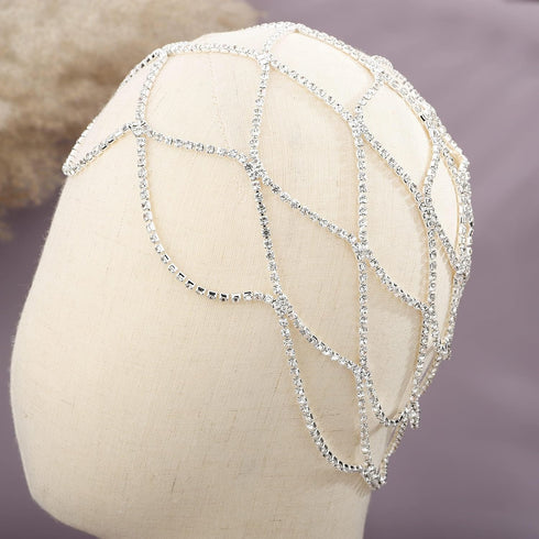 YERTTER Wedding Silver Rhinestone Mesh Chain Head Cap, Layered Tennis Chain Jewelry for Women