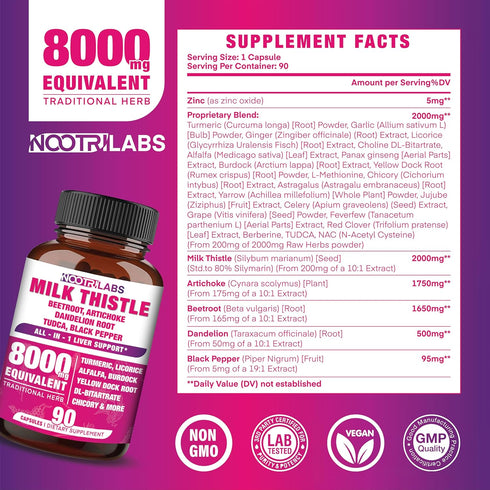 All-in-1 8000mg Milk Thistle NAC BeetRoot Artichoke Dandelion Root - Liver Health Support, 90 Vegan Capsules