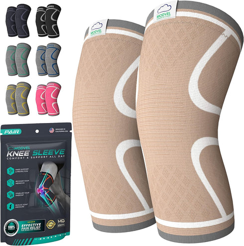 Modvel Compression Knee Brace for Women & Men - 2 Pack Knee Brace for Running Knee Pain, Workout Sports Support