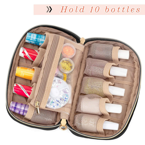 LUXJA Nail Polish Organizer Case - Holds 10 Bottles (15ml), Zipper Pockets, Black (Bag Only)