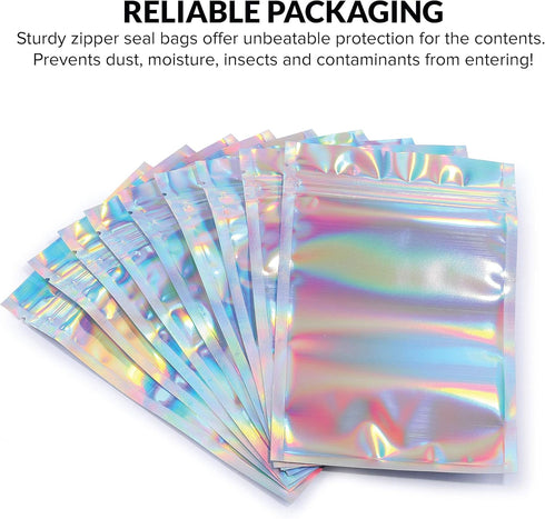 Mylar Bags with Ziplock 4 x 6" | 100 Rainbow Holographic Bags, Sealable Heat Seal for Candy, Food Packaging