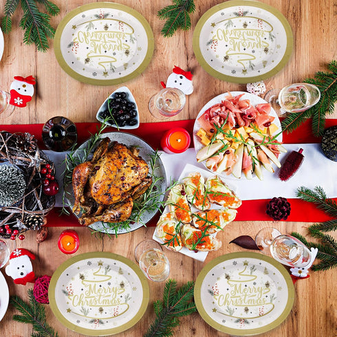 Suttmin 50 10'' 12'' Pcs Merry Christmas Oval Paper Plates Happy Holiday Disposable Paper Plates x Dinner Gold