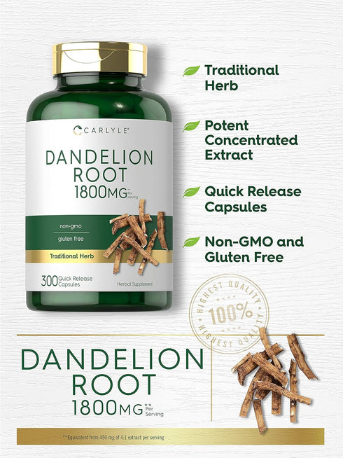 Carlyle Dandelion Root Supplement | 1800mg | 300 Capsules | Non-GMO, Gluten Free