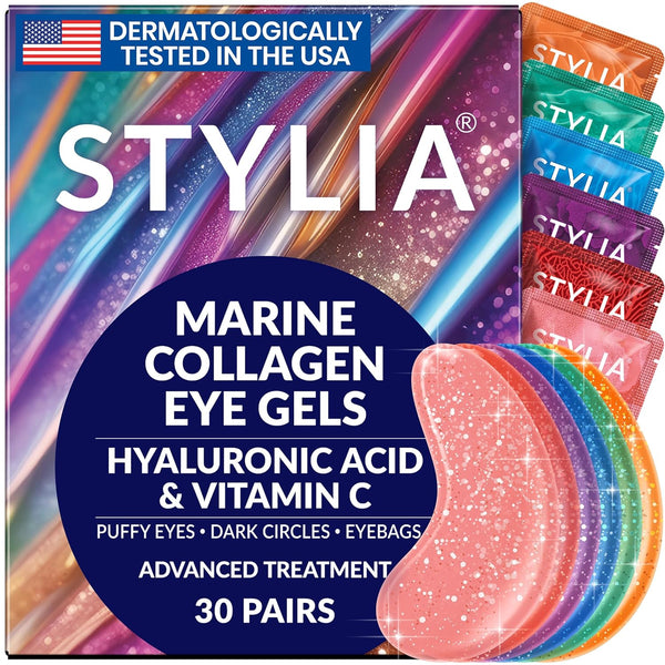 Under Eye Patches for Dark Circles and Puffy Eyes, 30 Pairs Marine Collagen Eye Gel Pads with Vitamin C and Hyaluronic