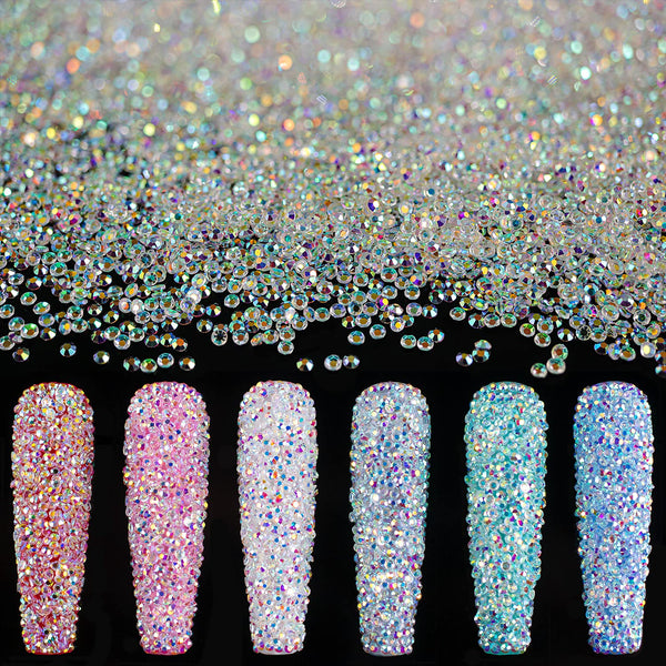 Tiny Nail Rhinestones 15000PCs - 1.2mm Ultra Mini Pixie AB Glass Crystals for Nail Art Manicure, Iridescent Long