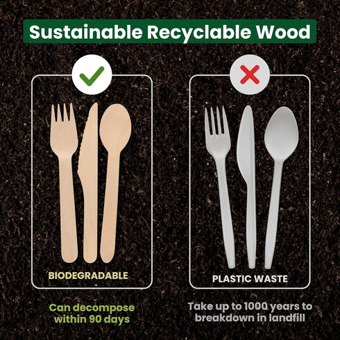 360 Count Disposable Cutlery Set, Heavy Duty Wooden Compostable Utensils, 120 Forks, Knives, Spoons
