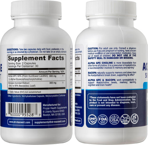 Acetylcholine, Alpha GPC Choline 600mg + Bacopa, Better Than Each Alone. More Reliable Acetylcholine (Supports Memory & Learning) Supplement, 60 Capsules