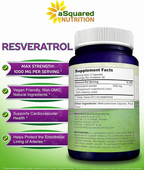 100% Natural Resveratrol Supplement, 1000mg Max Strength (180 Capsules) for Heart Health & Antioxidants