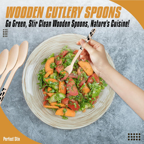 Perfect Stix Green Spoon 158-Moo-36, Wooden Cutlery Spoons with Cow Print (Pack of 36)