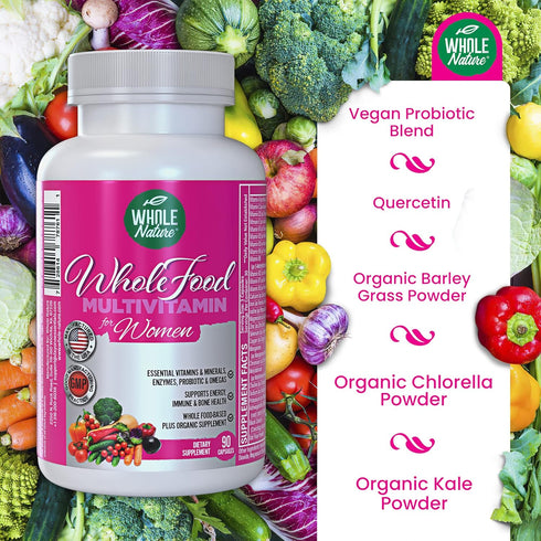 Whole Food Multivitamin for Women - Vegan, Non-GMO - 90 Capsules with Folate, B12 Methyl, Vitamins, Minerals,