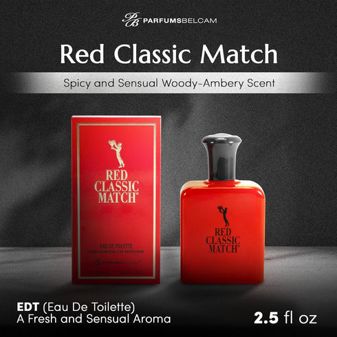 PB ParfumsBelcam Red Classic Match Eau de Toilette, Spicy Woody Amber Fragrance for Men, 2.54 Fl Oz