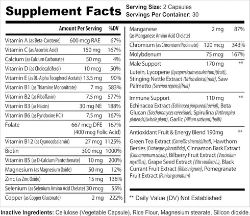 Men's Multivitamin Supplement for Energy, Focus, Performance, Vitamins A, C, D, E & B12, 60 Capsules Made in USA
