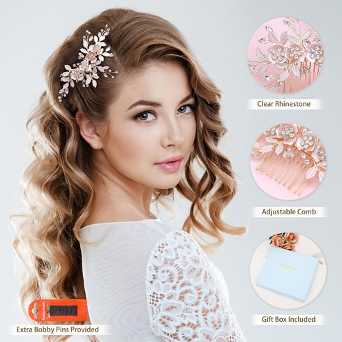 Oriamour Hair Side Combs with 2 Set Hair Pins, Bridal Hair Accessories Wedding Headpiece Set (Gold)