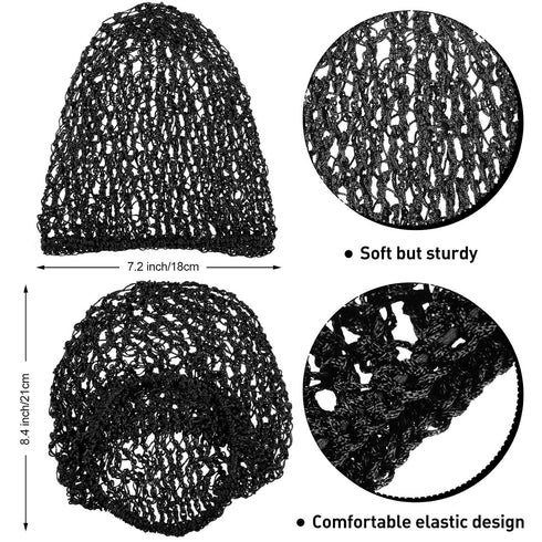 Waydress 2 Pieces Rayon Knit Mesh Hair Net Snood, Crocheted Sleep Cap for Women (Black)