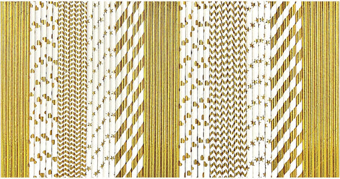 100-Pack Biodegradable Gold Paper Straws, Extra Durable Striped/Wave/Heart/Star/Solid for Party Supplies and