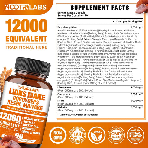 Mushroom Complex 12000mg Capsules - Lions Mane, Cordyceps, Reishi, Maitake for Brain Boost, Memory, Energy, and Immune