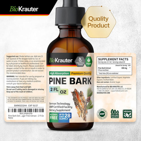 Pine Bark Extracts Tincture - 400 mg Organic French Maritime Pine Bark Extract Drops - 2 Fl Oz - Vegan, Alcohol & Sugar