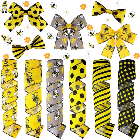 6 Rolls 20 Yards Bee Ribbon Dot Wired Edge Yellow Black Dots for DIY Gift Wrapping, Party Decor, Hair Bow