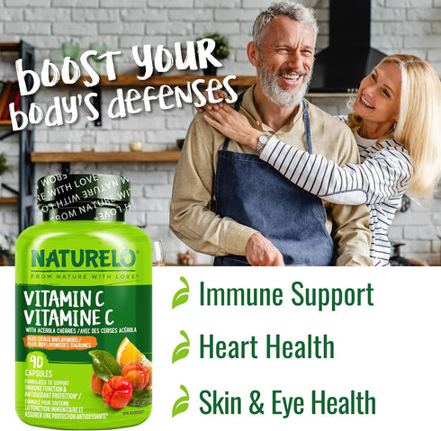 NATURELO Vitamin C Vegan Supplement with Organic Acerola Cherry Extract, 500 mg VIT C per Cap, 90 Capsules