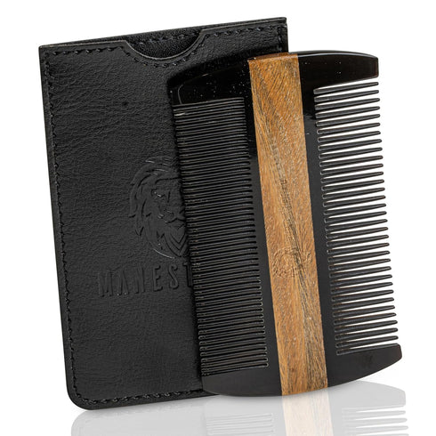 Premium Dual-Action Beard Comb, Natural Ox Horn and Sandalwood, Double Sided with Black Protective Case, Perfect