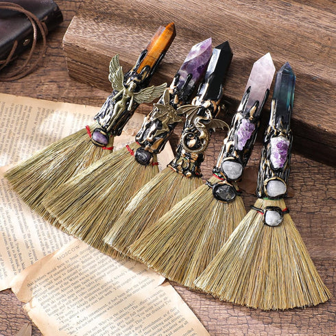 RENEMEGO Witch Broom Witchcraft Supplies - Altar Supplies with Tiger Eye Stone Wiccan Stuff Goddess Magic Broomstick