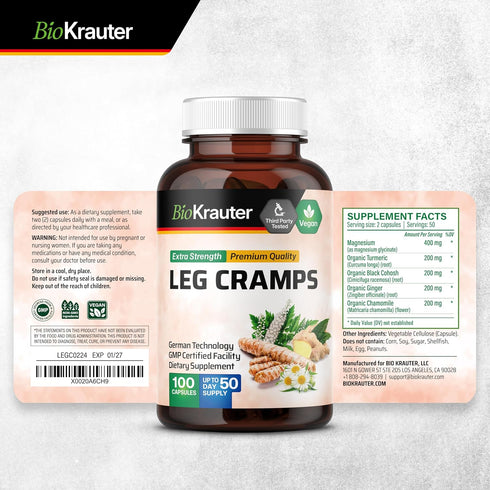BIO KRAUTER Leg Cramps Capsules with Magnesium - 1200 mg Blend, 100 Vegan Caps for Natural Relief