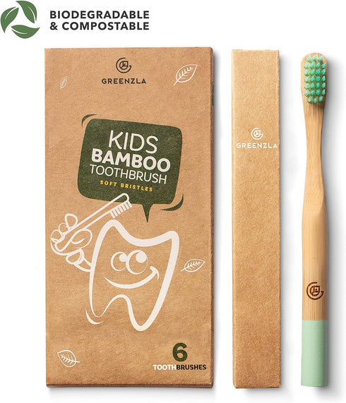 GREENZLA Kids Bamboo Toothbrushes (6 Pack), BPA Free Soft Bristles, Eco-Friendly Natural Toothbrush Set, Biodegradable