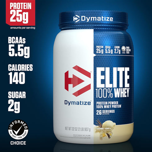 Dymatize Elite 100% Whey Protein Powder, L-Leucine, Quick Absorbing & Fast Digesting, Gourmet Vanilla, 32 Oz