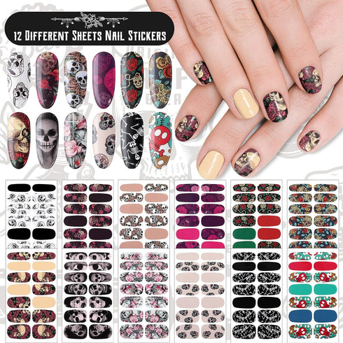 Maitys 168 Pcs Halloween Goth Full Wrap Nail Stickers, 12 Sheets Skull Self Adhesive Nail Polish Strips for Women DIY