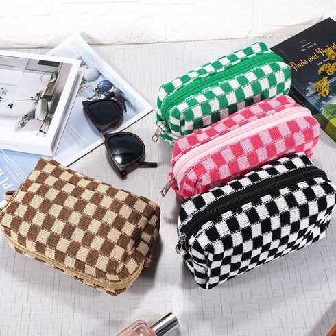 4Pcs Checkered Makeup Bag for Women, Knitted Small Cosmetic Pouch, Cute Aesthetic Travel Toiletry Organizer