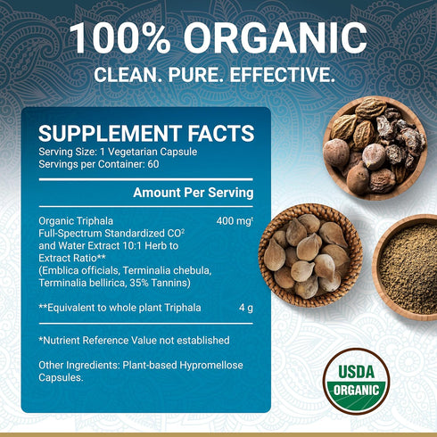 Triphala Capsules, USDA Organic Certified, Vegan Triphala Tablets, 60 Caps