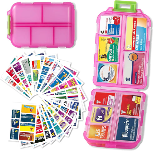 Pill Organizer with Medicine Labels - Travel Daily Mini Medication Organizer, 7 Day Pill Case in Pink with 161 Labels