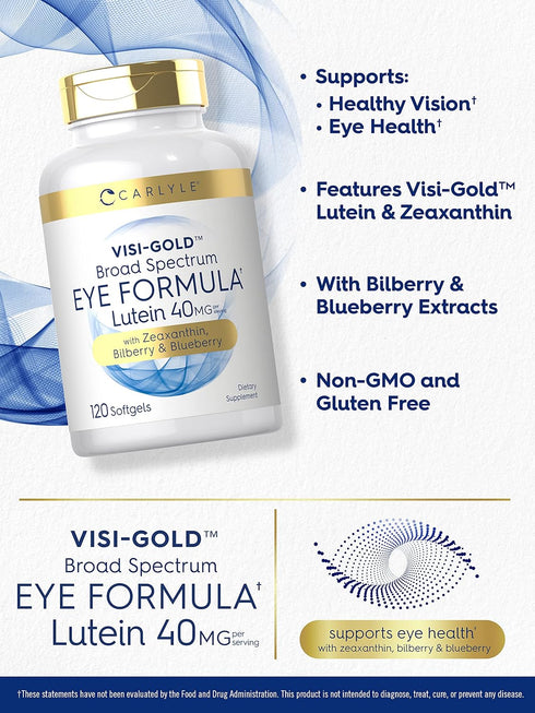 Carlyle Eye Health Supplement with Lutein 40mg, Zeaxanthin, Bilberry, Blueberry, 120 Softgels for Eye Support
