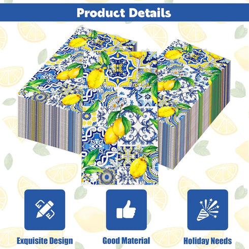 Ysqool 20 Summer Pcs Lemon Napkins, Blue and Yellow Tile Lemon Disposable Guest Towels, Fruit Napkins Decorative Paper