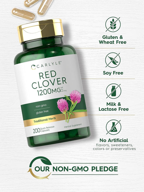 Carlyle Red Clover Capsules 1200mg | 200 Count | Non-GMO, Gluten Free | Trifolium Pratense Extract Supplement