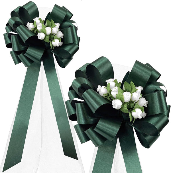Hunter Green Pull Bows with Tulle Tails and Rosebuds, Set of 6, 8" Wide, Spring Wedding Aisle Decoration