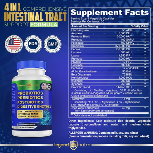 Probiotics Prebiotics Postbiotics Digestive Enzymes, 4 in 1 Formula, 60 Count